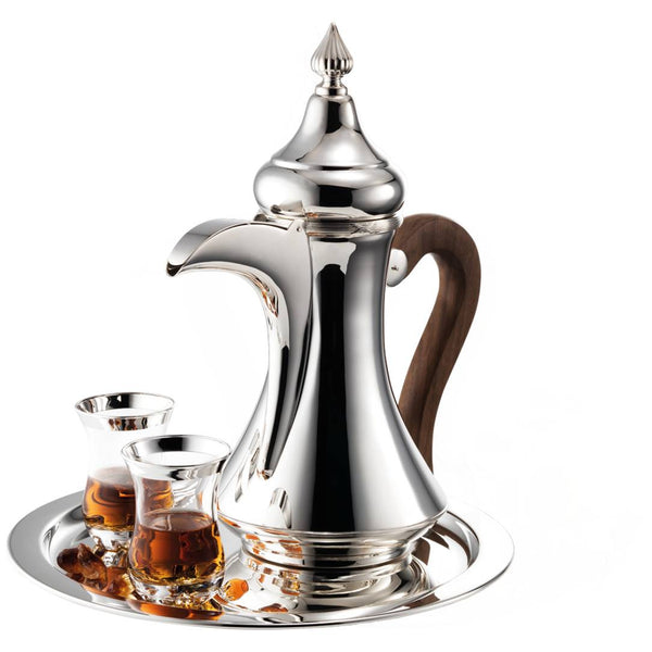 Silver arabic teapot with wooden handle on a tray with two Crystal Tea Glass with Hand-Applied Silver Rim – Aladdin by Sonja Quandt