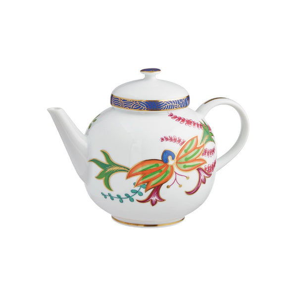 A multicolored porcelain tea pot with floral patterns and gold accents on the handles and spout cap.