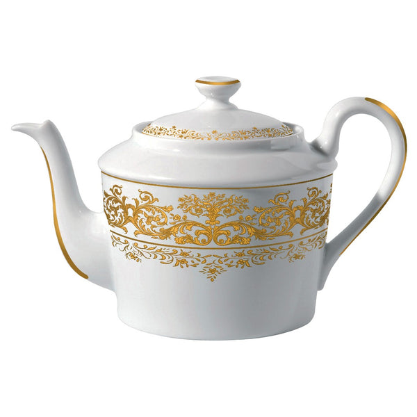 A white porcelain teapot with elegant gold floral motifs, inspired by medieval Gothic tapestries, with a lid and a spout.