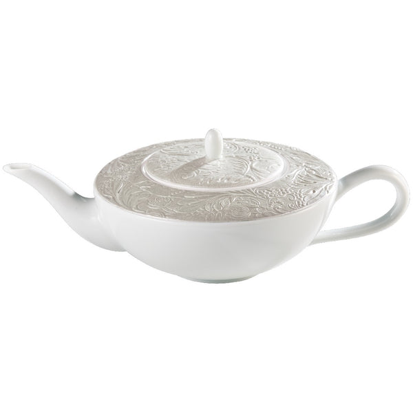 Italian Renaissance Irisé Pearl Grey teapot by Raynaud in Limoges porcelain with engraved arabesques and pearl grey iridescence.