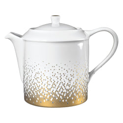 White teapot with gold and silver geometric pattern on a white background