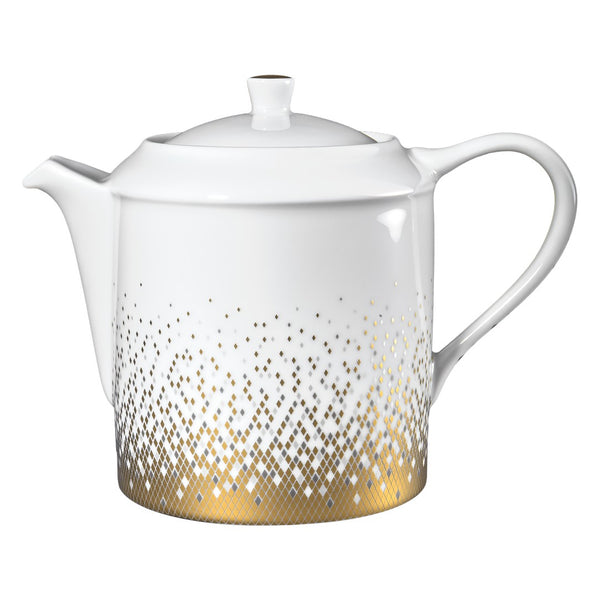 White teapot with gold and silver geometric pattern on a white background