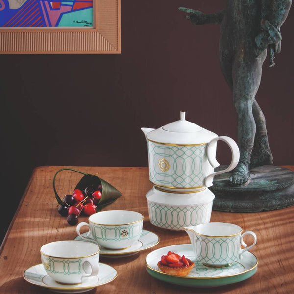 Teapot Warmer Carlo Este by FÜRSTENBERG in fine porcelain with gold and green mosaic-inspired design by Carlo Dal Bianco.