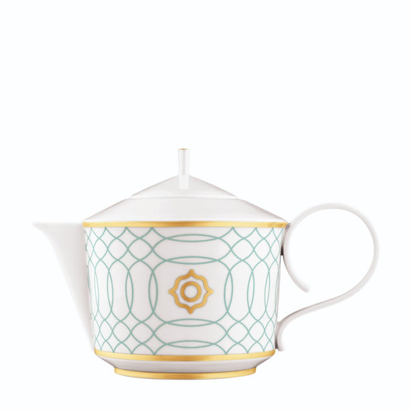Teapot with Tea Strainer Carlo Este by FÜRSTENBERG in fine porcelain with gold and green mosaic-inspired design by Carlo Dal Bianco.