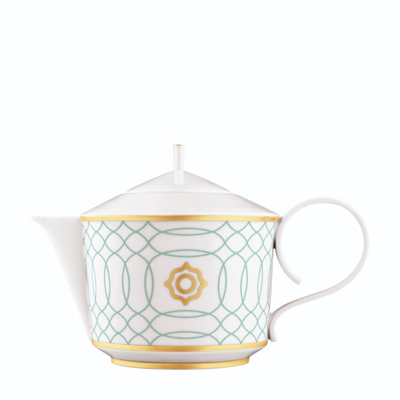 Teapot with Tea Strainer Carlo Este by FÜRSTENBERG in fine porcelain with gold and green mosaic-inspired design by Carlo Dal Bianco.