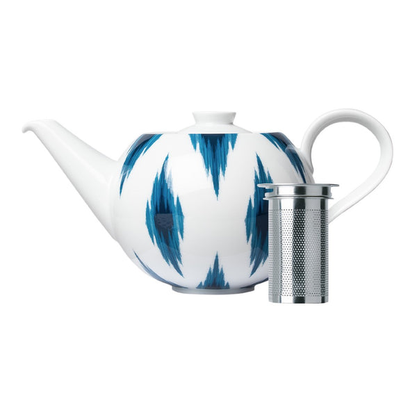 Paraiso small porcelain teapot with stainless tea strainer featuring blue ikat motifs by Sieger by Fürstenberg