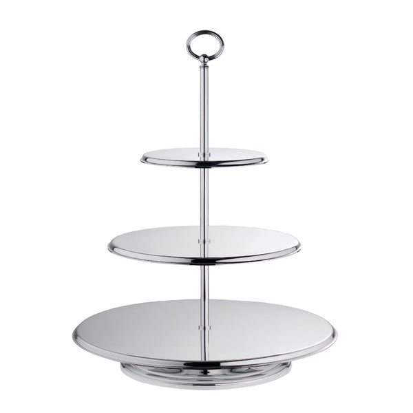 Three tier pastry stand Classique in silver plate by Ercuis with circular trays and ring handle.