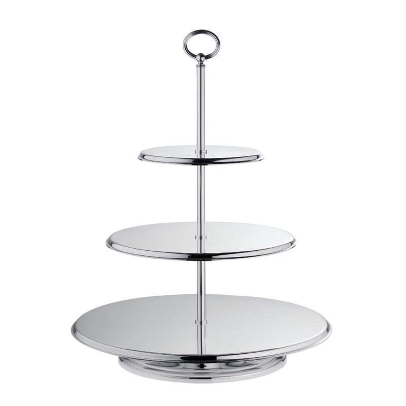 Three tier pastry stand Classique in silver plate by Ercuis with circular trays and ring handle.