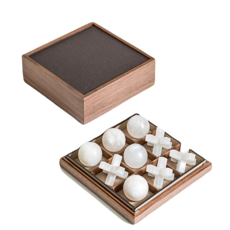 Tic Tac Toe Game Set in walnut and leather with Volterra alabaster pieces by Pinetti