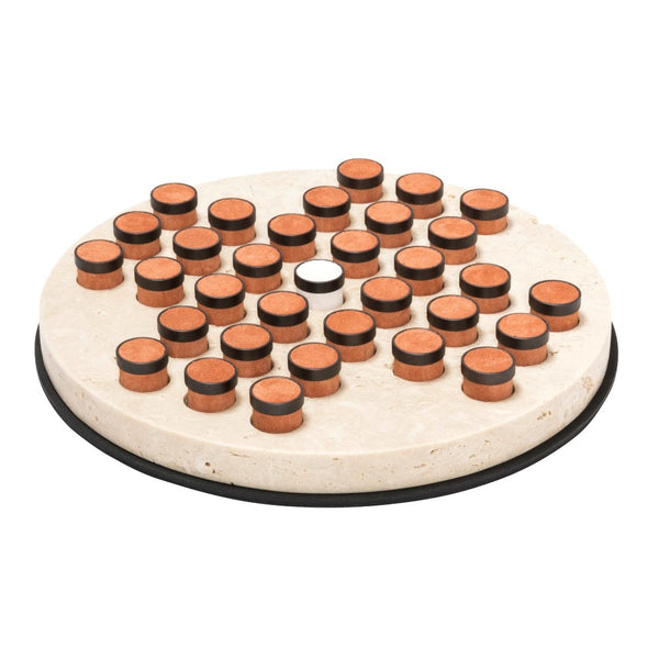 Tivoli round marble solitaire game set with leather-inlaid metal pieces by Giobagnara