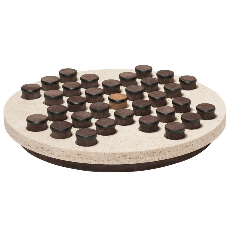 Tivoli round marble solitaire game set with leather-inlaid metal pieces by Giobagnara in violet