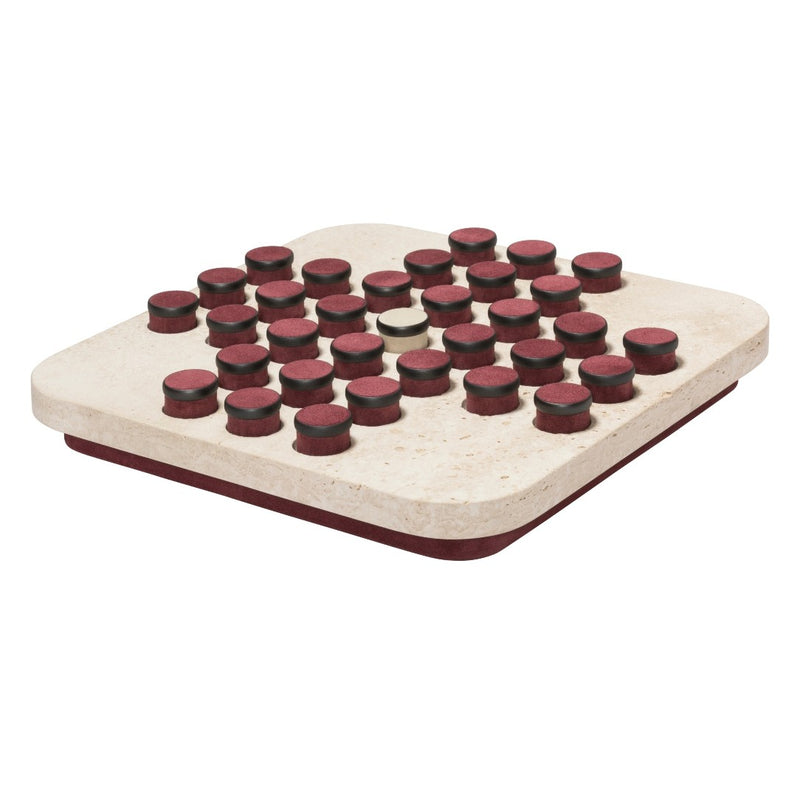 Bordeaux Tivoli marble solitaire game set square with leather-inlaid metal pieces by Giobagnara