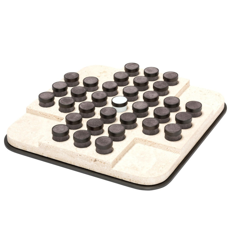 Tivoli marble solitaire game set square with leather-inlaid metal pieces by Giobagnara