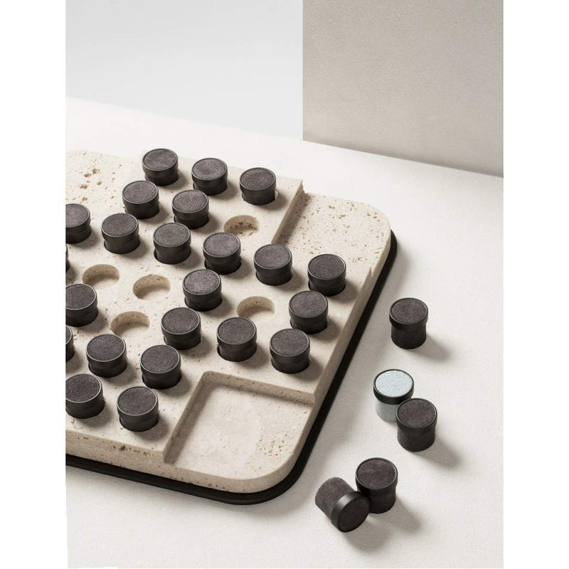 Styled Tivoli marble solitaire game set square with leather-inlaid metal pieces by Giobagnara