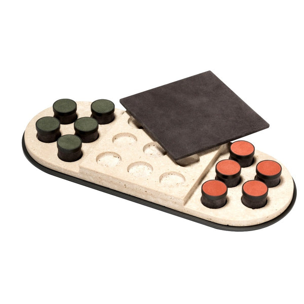 Tivoli marble Tic Tac Toe game set with leather-inlaid metal pieces by Giobagnara
