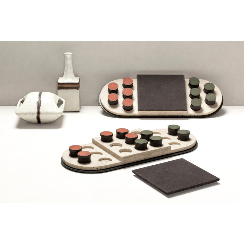 Styled Tivoli marble Tic Tac Toe game set with leather-inlaid metal pieces by Giobagnara