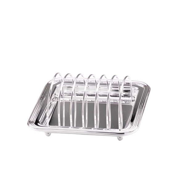 A polished silver-plated toast rack with a rectangular tray and six upright wire loops, shown on a plain white background.