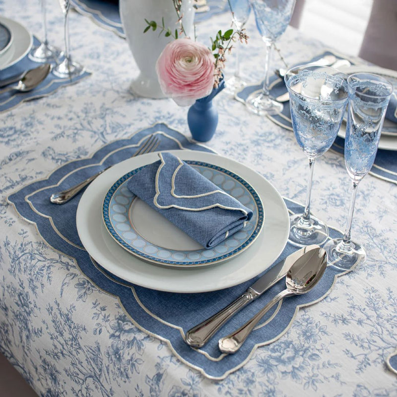 Toile de Jouy cotton tablecloth in blue with French scenic design by Roseberry Home styled with napkins
