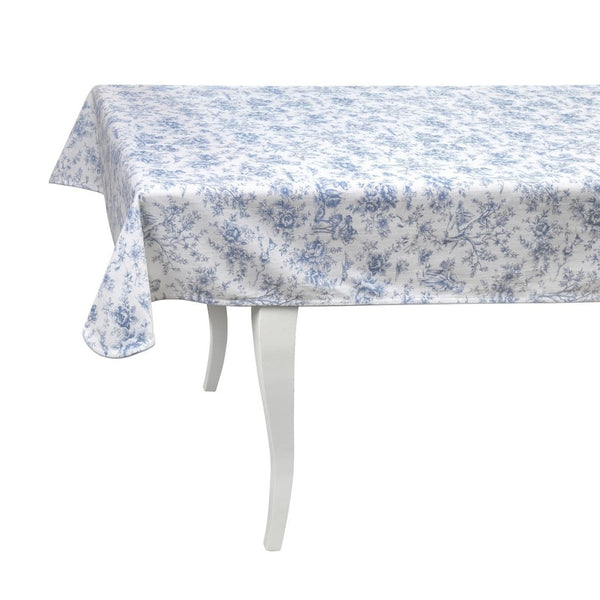 Tablecloth with blue floral pattern on a white table