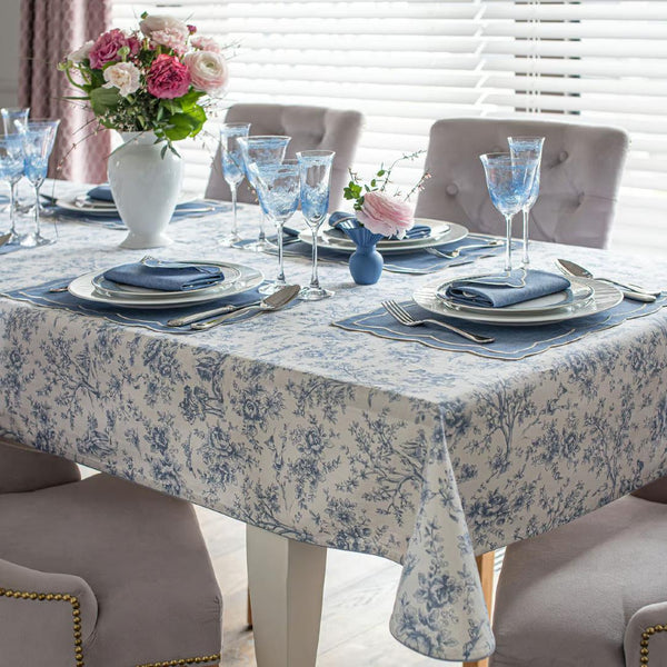 Toile de Jouy cotton tablecloth in blue with French scenic design by Roseberry Home styled 