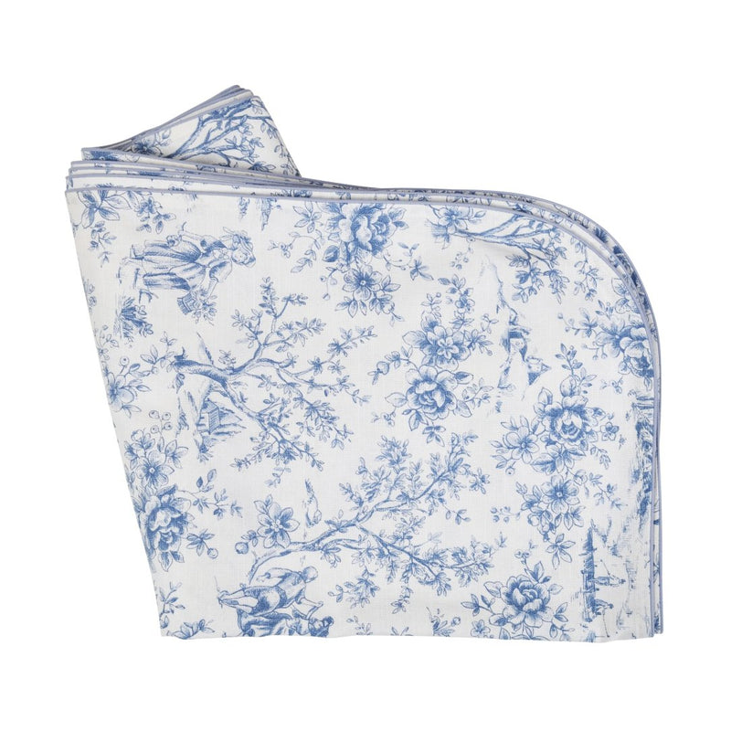 Round blue Toile de Jouy cotton tablecloth by Roseberry Home folded