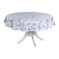 Round cotton tablecloth with a blue and white floral Toile de Jouy pattern, displayed on a white table.