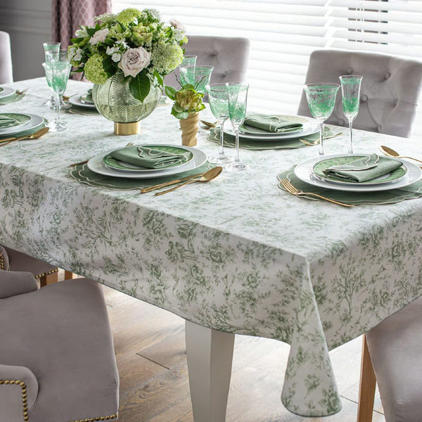 Toile de Jouy cotton tablecloth in green with French scenic print by Roseberry Home styled in a bright dining room