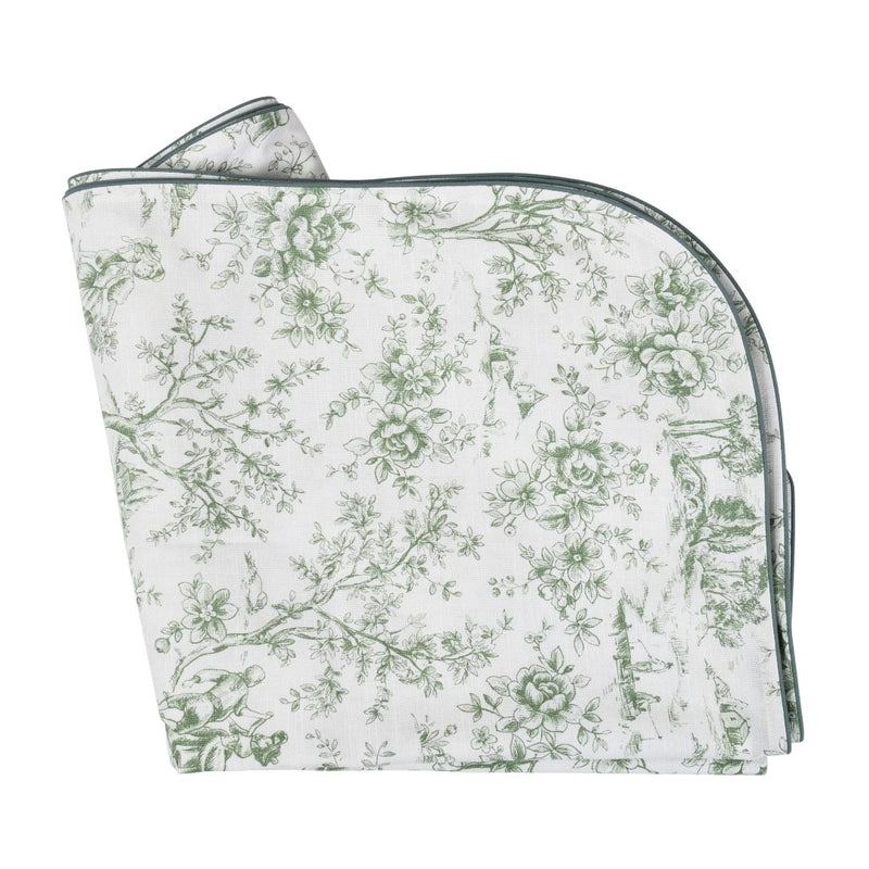 Toile de Jouy green round cotton tablecloth with French scenic motif by Roseberry Home folded