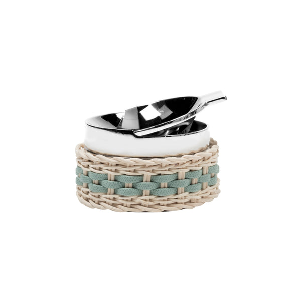 A 'Toledo' Leather & Rattan Ashtray with a chrome-plated brass base, partially woven mint-colored leather and rattan cover.