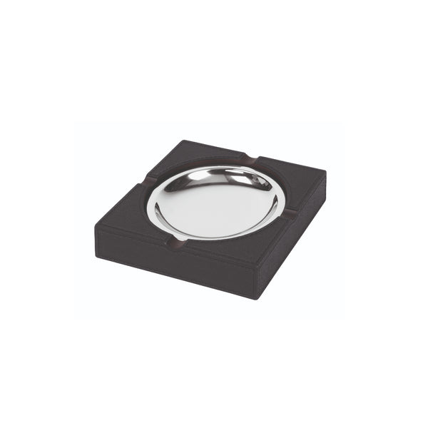 A dark blue leather-wrapped ashtray with a chrome basin, square in shape with a rounded edge and a visible wood structure beneath the leather.