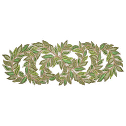 A decorative table runner featuring a trellis pattern with green and gold colors, with leaf-shaped glass and plastic beads and gold rhinestone accents.