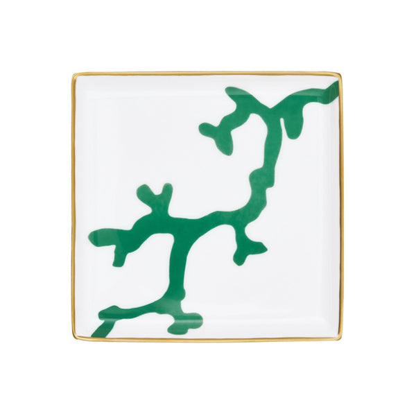 Cristobal Emerald 11cm trinket tray by Raynaud in Limoges porcelain with emerald coral motifs and gold rim, designed for table or decorative use.