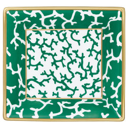 Cristobal Emerald 17cm trinket tray by Raynaud in Limoges porcelain with emerald coral motifs and gold rim, presented in a luxury gift box.