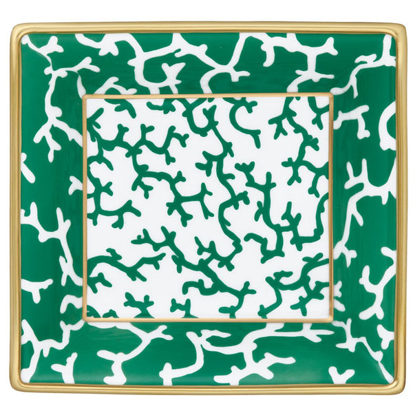 Cristobal Emerald 17cm trinket tray by Raynaud in Limoges porcelain with emerald coral motifs and gold rim, presented in a luxury gift box.