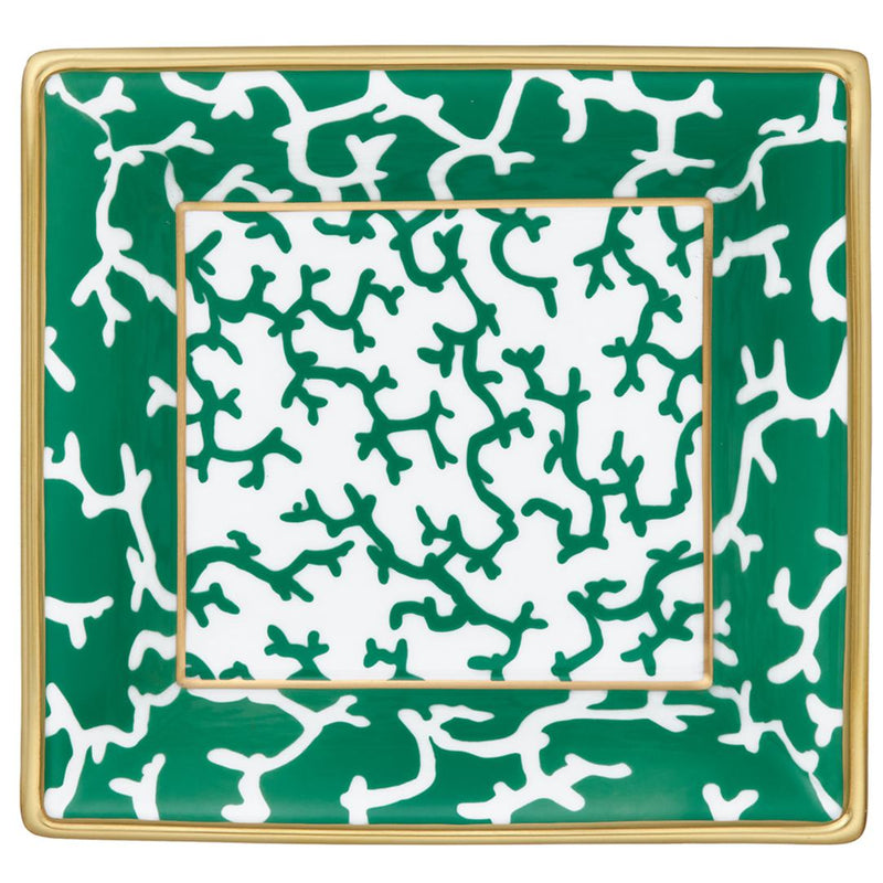 Cristobal Emerald 17cm trinket tray by Raynaud in Limoges porcelain with emerald coral motifs and gold rim, presented in a luxury gift box.