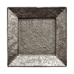 Decorative square trinket plate with embossed floral patterns in platinum on a white background