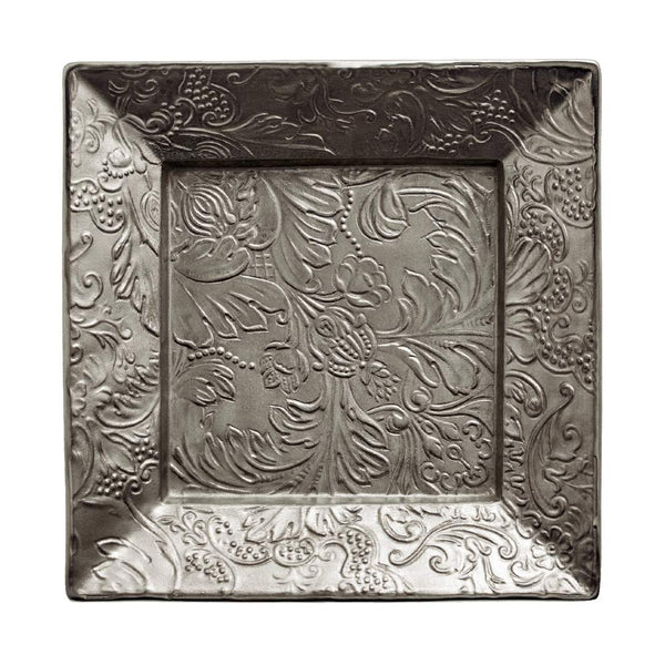 Decorative square trinket plate with embossed floral patterns in platinum on a white background