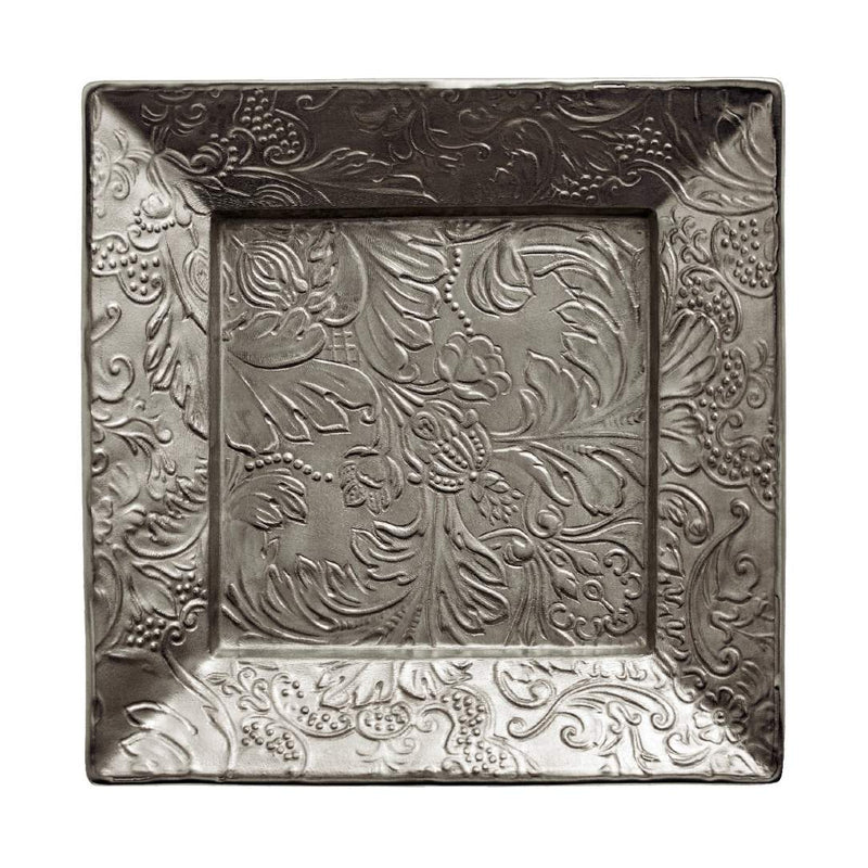 Decorative square trinket plate with embossed floral patterns in platinum on a white background