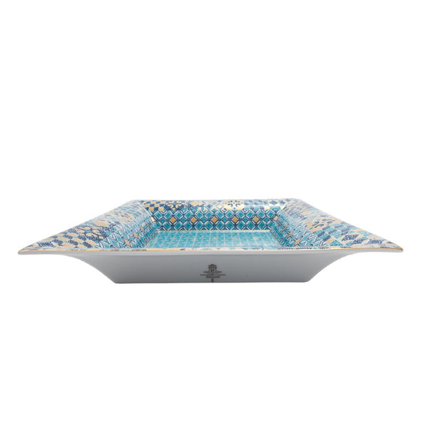 sided view Large Trinket Tray Portofino by Haviland in Limoges porcelain with Mediterranean blue and gold mosaic-inspired design.