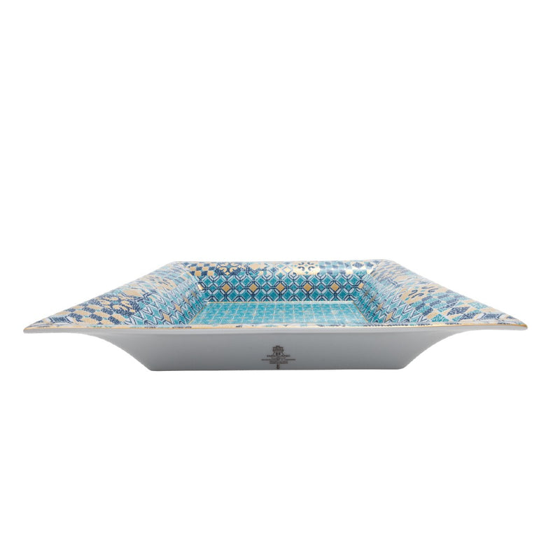 sided view Large Trinket Tray Portofino by Haviland in Limoges porcelain with Mediterranean blue and gold mosaic-inspired design.