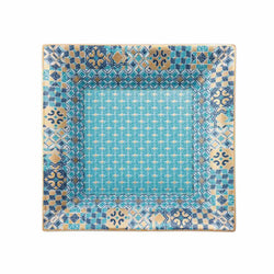 Decorative square plate with a blue and beige mosaic pattern on a white background