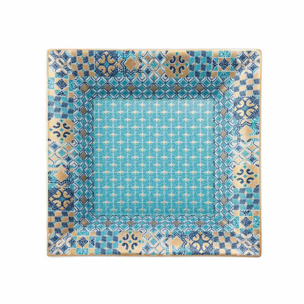 Decorative square plate with a blue and beige mosaic pattern on a white background