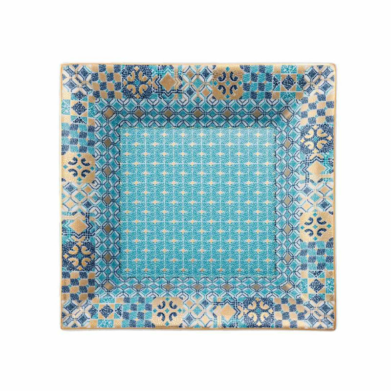 Decorative square plate with a blue and beige mosaic pattern on a white background