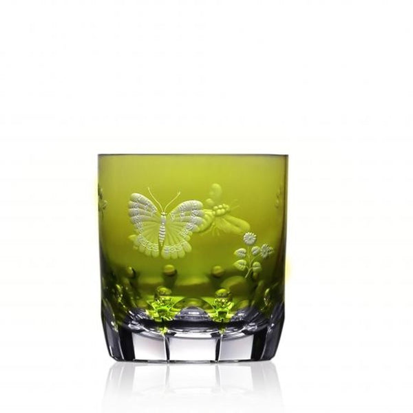 Luxury Double Old Fashioned Tumbler in Yellow-Green Crystal with Butterfly and Leaf Engraving – Springtime by Varga Crystal