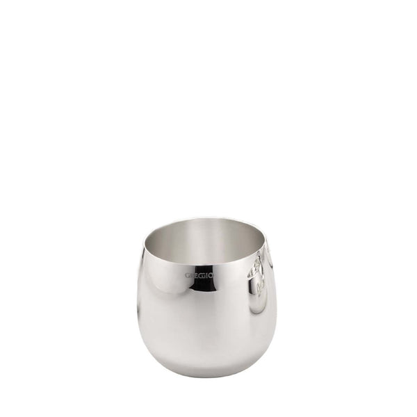 Greggio Goccia silver-plated tumbler glass with rounded design on a white background