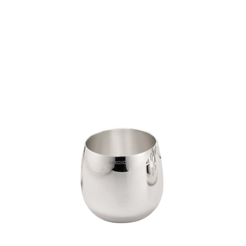 Greggio Goccia silver-plated tumbler glass with rounded design on a white background