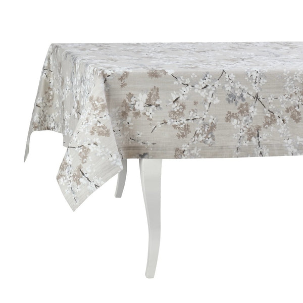 Floral patterned tablecloth on a white table
