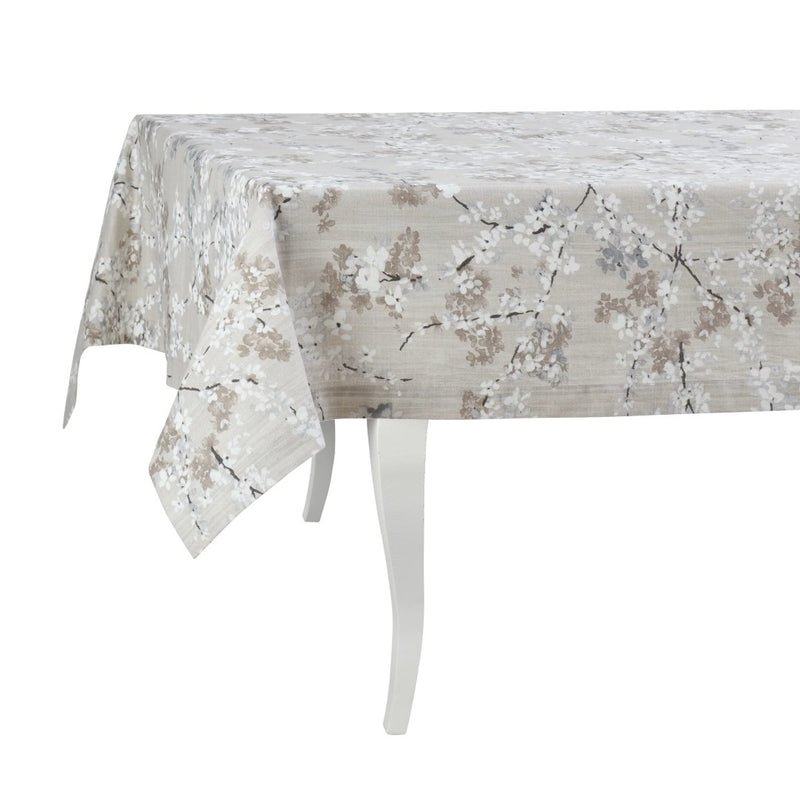 Floral patterned tablecloth on a white table
