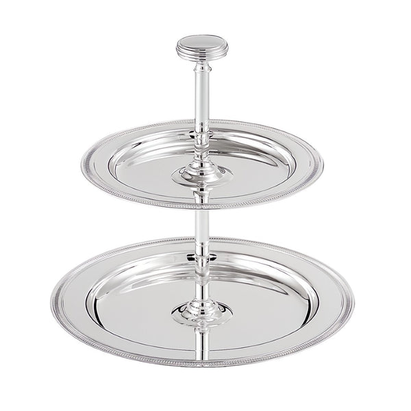 Two tier Medici pastry stand in silver plate by Greggio with round handle and polished trays.