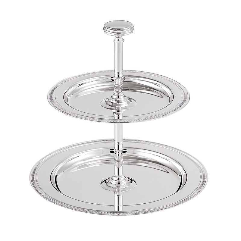 Two tier Medici pastry stand in silver plate by Greggio with round handle and polished trays.